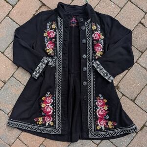 Y2K Johnny Was JWLA Black Embroidered Floral Long Trench Length Sweater Jacket